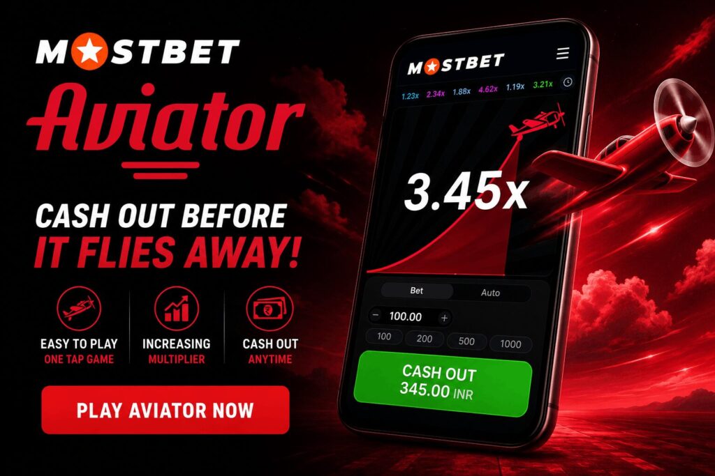 Mostbet Aviator Game promotional banner showing airplane crash-style betting gameplay with multiplier, cash out option, and gaming UI features.