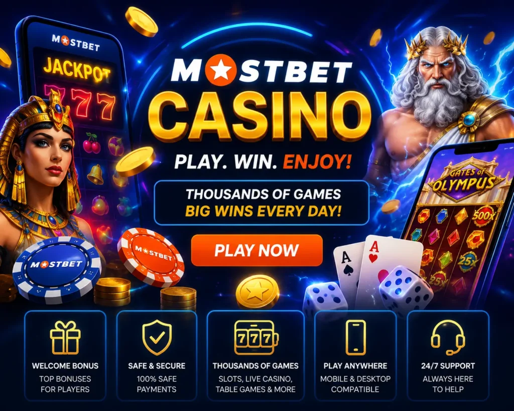 “Mostbet Casino Game promotional banner featuring neon-style casino graphics with jackpot slots, cards, dice, and chips, highlighting ‘Mostbet Casino’ branding, ‘Play Now’ call-to-action, and bonuses like thousands of games and big wins.”