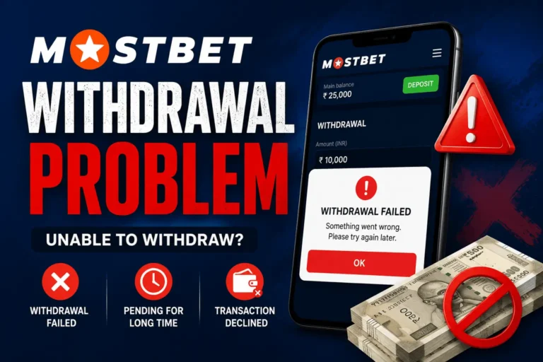 Mostbet withdrawal problem screen showing transaction error, failed payout, and account payment issue notification.