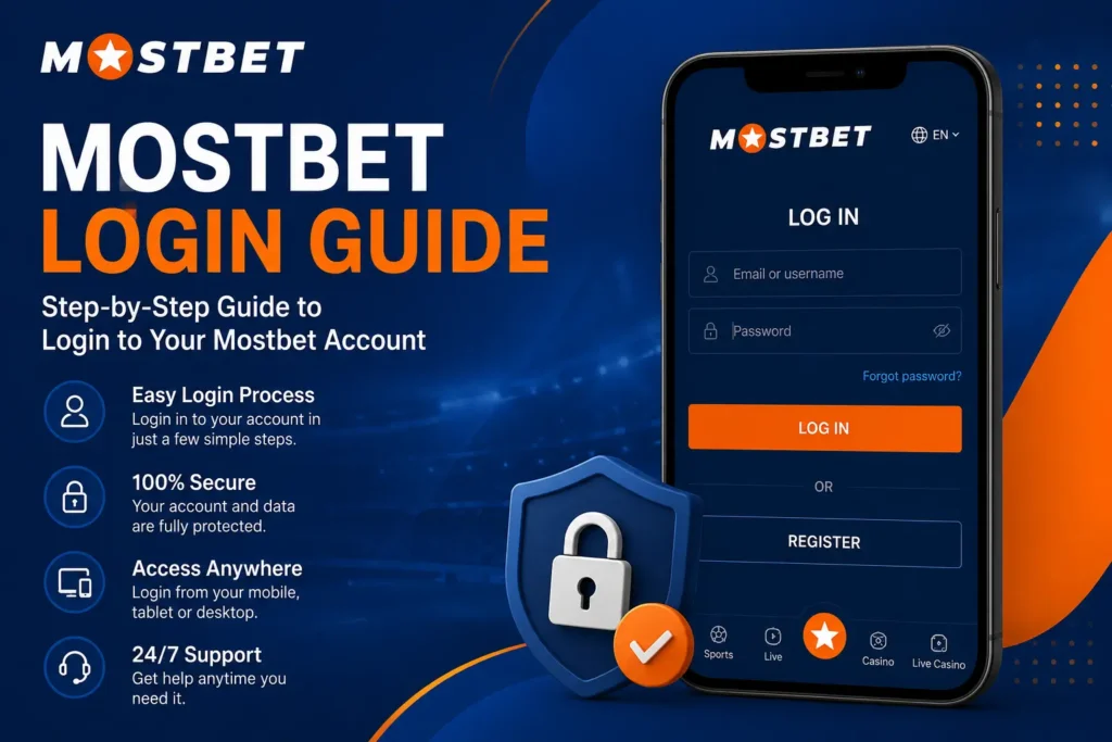 “Mostbet login guide feature image showing a mobile login screen with email and password fields, secure sign-in button, and step-by-step instructions for accessing a Mostbet account safely.”