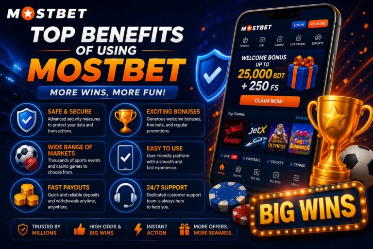 Top Benefits of Using Mostbet feature image showing a smartphone with the Mostbet platform, welcome bonus offers, popular games, secure betting features, fast payouts, 24/7 customer support, sports betting options, and rewards highlighted with casino chips, trophies, and gaming graphics.