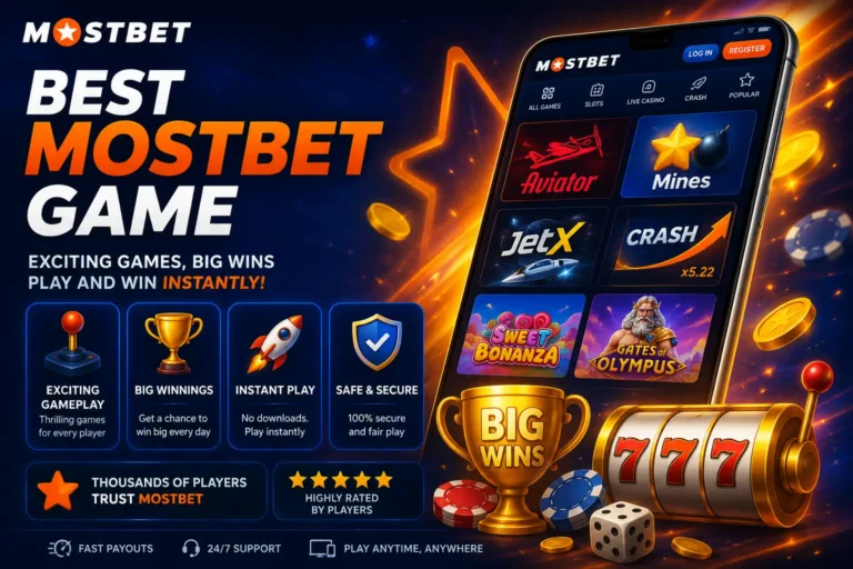 Best Mostbet Game feature image showing a smartphone with popular Mostbet games including Aviator, Mines, JetX, Crash, Sweet Bonanza, and Gates of Olympus, alongside casino chips, coins, a trophy, and slot machine symbols highlighting exciting gameplay and big wins.