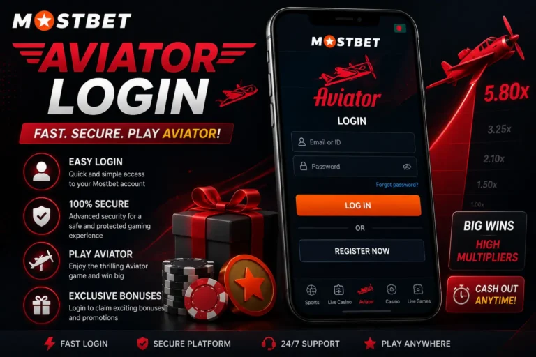 Mostbet Aviator Login feature image showing a smartphone with the Mostbet Aviator game login screen, secure sign-in options, casino-themed graphics, gaming icons, and promotional elements highlighting easy account access and online gameplay.